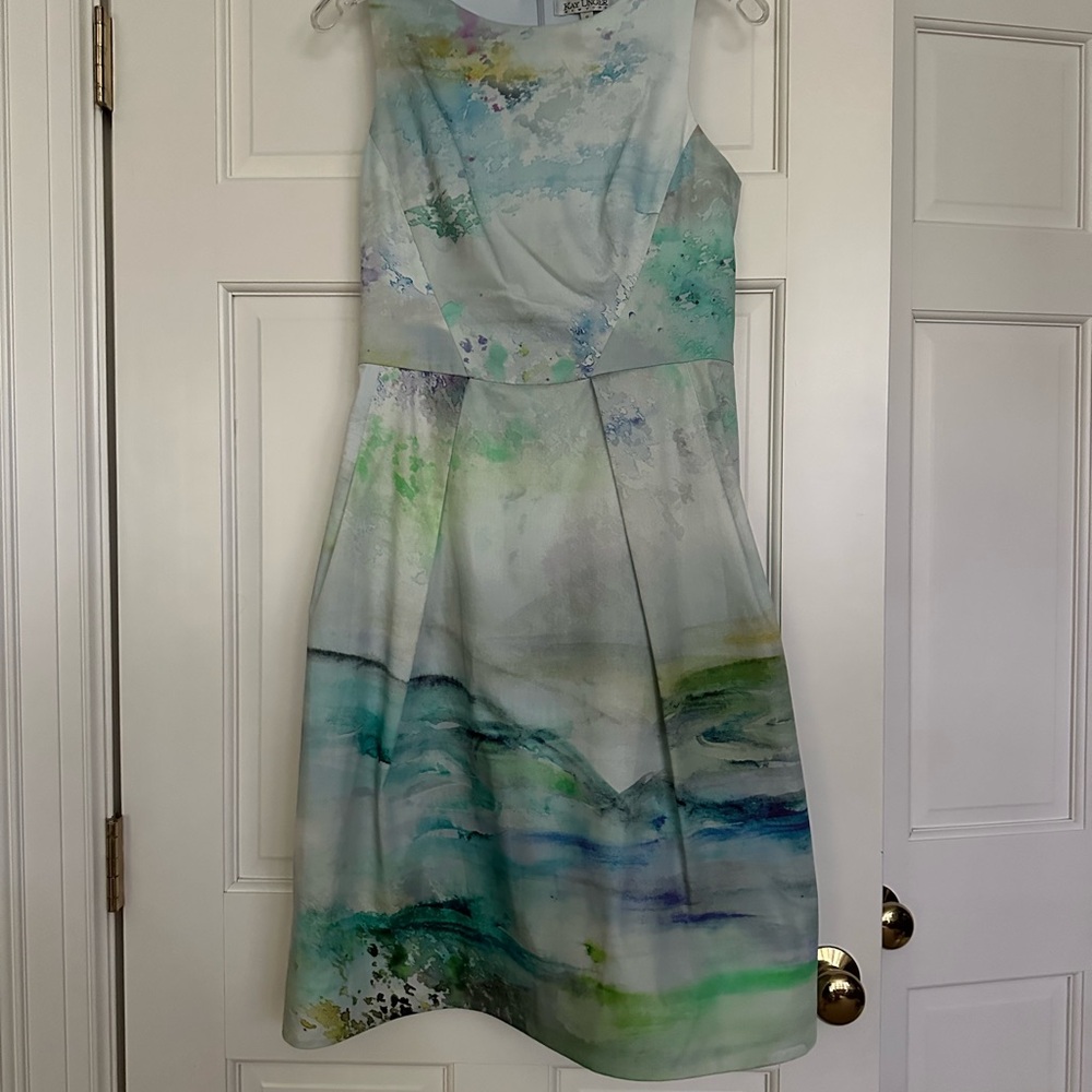 Kay Unger Green and Blue A-Line Midi Dress